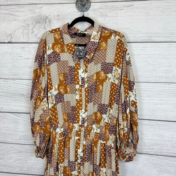 Meritt Plus Size Floral Fall Orange Tan Waisted Midi Dress Size 3XL - Picture 2 of 12